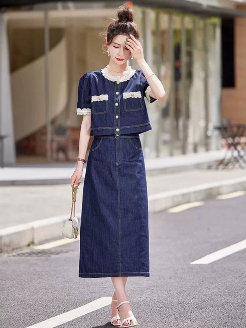 Ladies Denim Trendy Skirt With Lace Crop Tops Sets